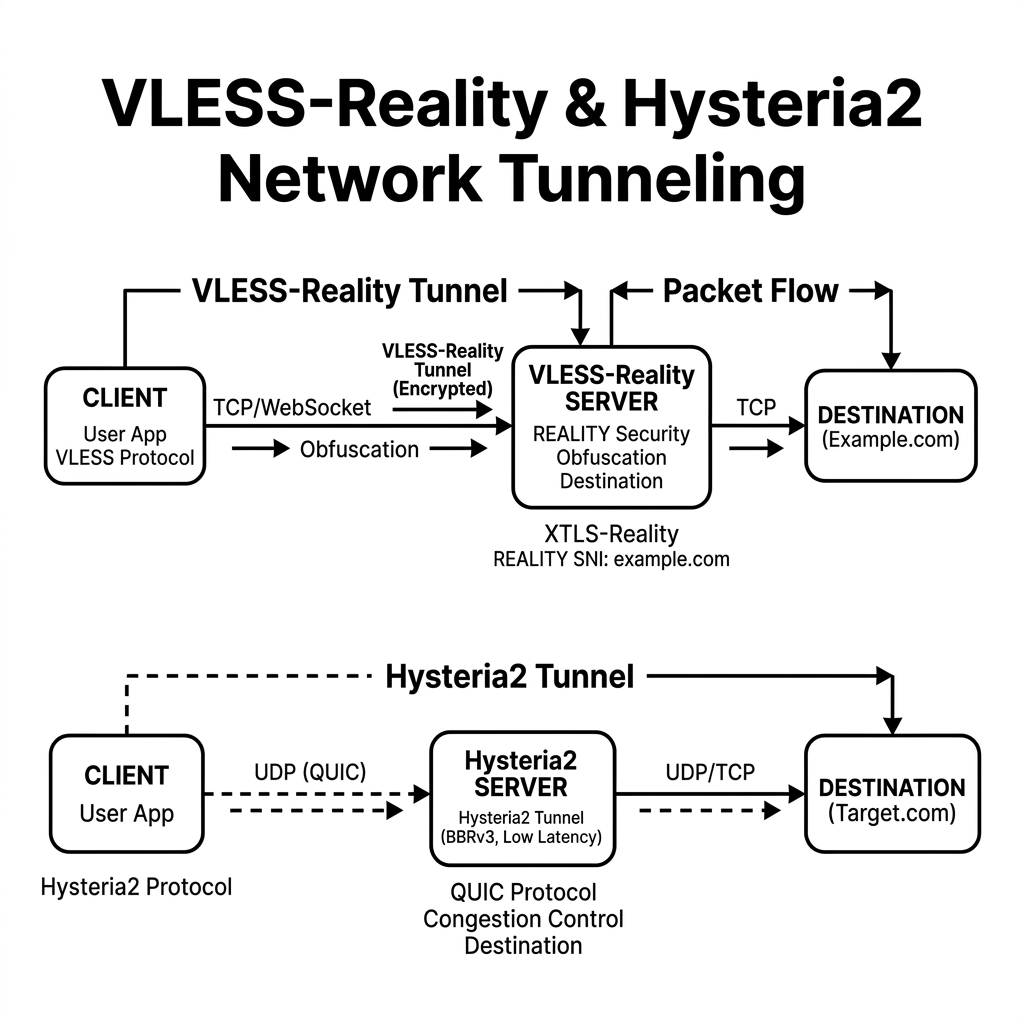 一分机场 VLESS-Reality 与 Hysteria2 拓扑架构图